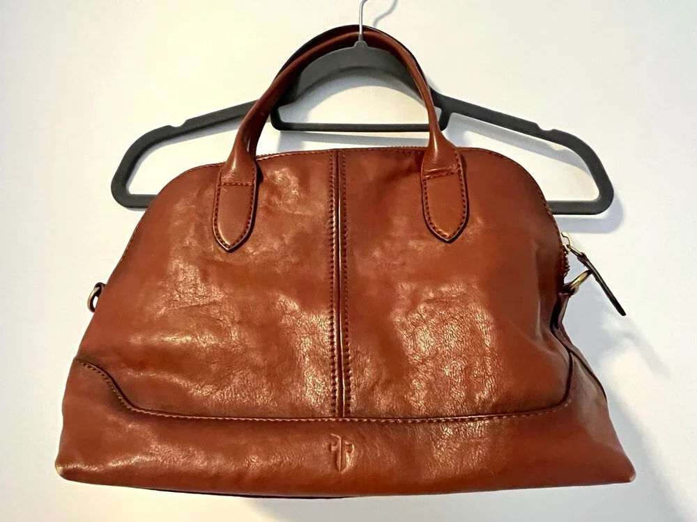 Frye Brown Zip Top Satchel Gold Hardware Lined Pockets